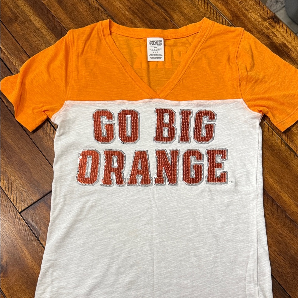 PINK Orange and White V-Neck Sports T-Shirt